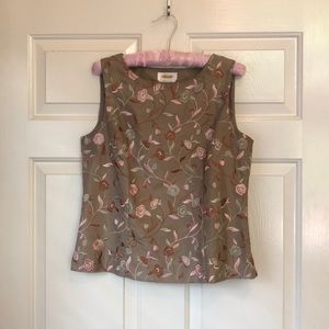 Talbots Taupe Floral Embroidered Sleeveless Shell with Pink and Brown Roses